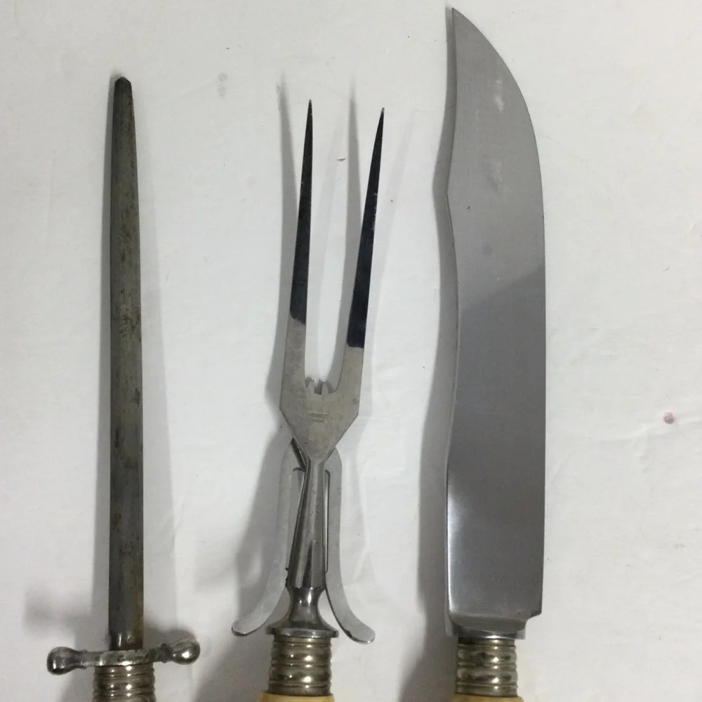 Solingen Antler Handle Carving Set - Knife, Fork & Steel Vintage Germany